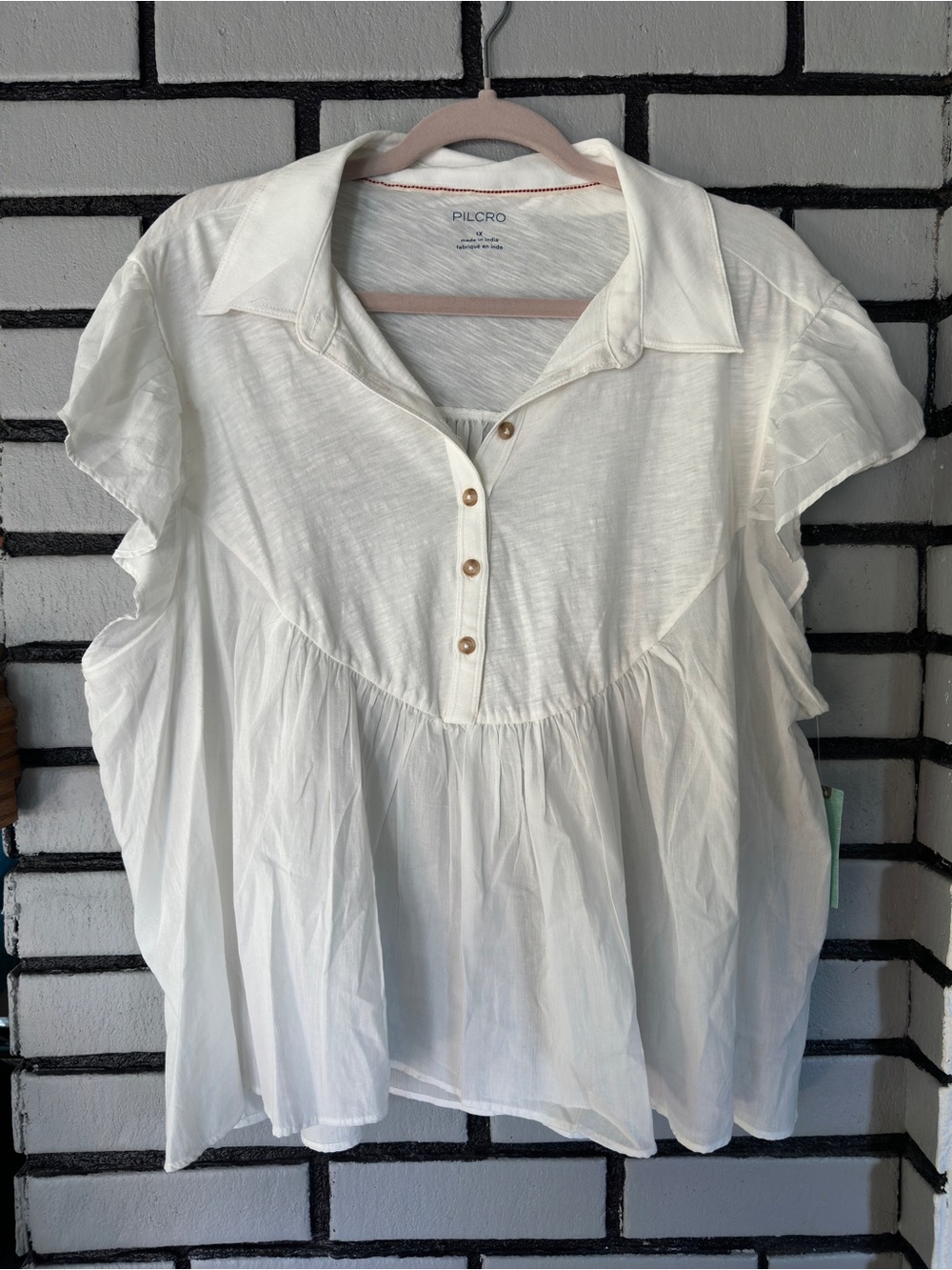 Anthropologie Pilcro Ivory Button-Front Ruffle Sleeve Blouse